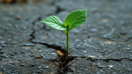 A small green sapling grows out of a crack in the concrete surface.