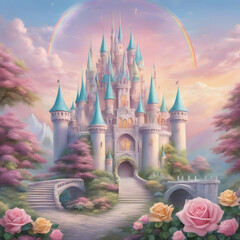 Pastel castle roses fantasy art. 