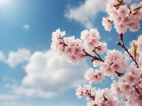 Spring banner with cherry blossom branches, apricots against blue sky, landscape panorama
