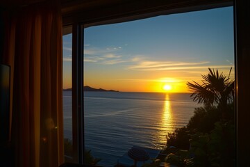 sunset view from a hotel room overlooking the sea