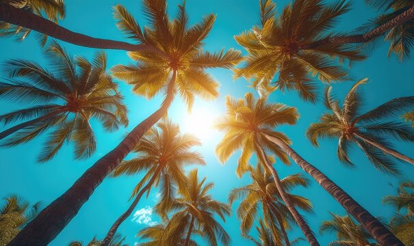 palm trees in summer on the beach view of the sky from below.Generative AI