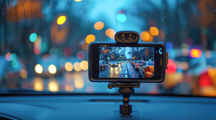 CCTV car camera for safety on the road accident on abstract blurred bogey light of city in night background. - obrazy, fototapety, plakaty