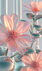 Fantasy surreal flowers. Futuristic floral wallpaper with iridescent holographic flowers, neon glow. Tropical exotic background.Generative AI