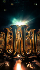 trumpet, French horn, and trombone, and the tuba.
Brass instrument - obrazy, fototapety, plakaty