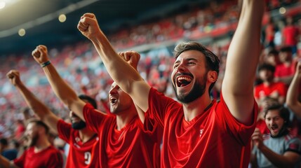 Fototapeta na wymiar Sport Stadium Soccer Match: Diverse Crowd of Fans Cheer for their Red Team to Win. People Celebrate Scoring a Goal.Generative AI