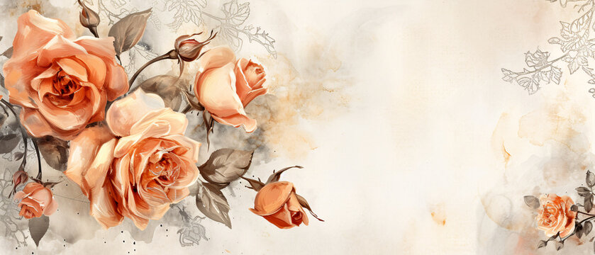 A watercolor painting of peach roses. Copy space.