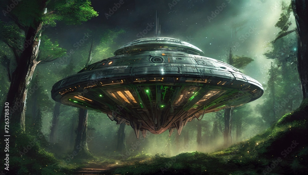 Canvas Prints flying alien saucer in the dark forest. ufo floating in the air. extraterrestrial spaceship.