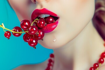 lady with vibrant lipstick biting a red currant cluster