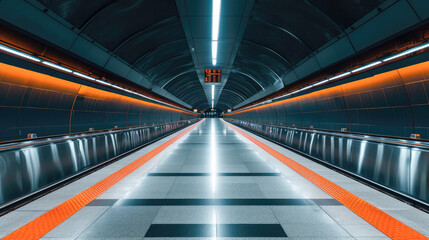 Underground subway station hallway tunnel with escalator. Abstract perspective view.Generative AI