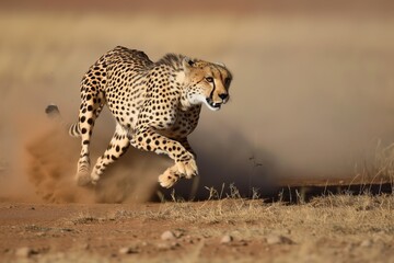 cheetah running, dust trail and open savanna