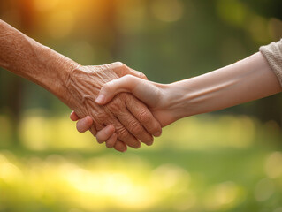 Close-up of tender gesture between two generations. Young woman holding hands with a senior lady. Blurred background. Panorama.