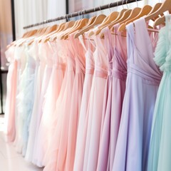Rack of colorful evening dresses close up. Close up view of female clothing hanging on clothes rack. Fashion concept.