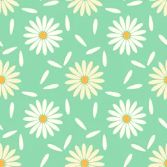 Gordijnen Seamless pattern of white daisies chamomile and white petals on turquoise background. © Маргарита Арешникова