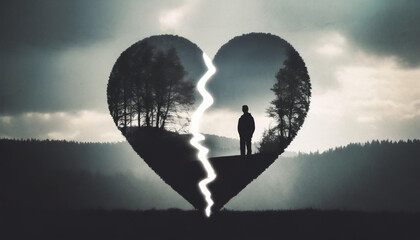 Broken heart silhouette,depression concept, abstract image with double exposure blur of a sad man. - obrazy, fototapety, plakaty