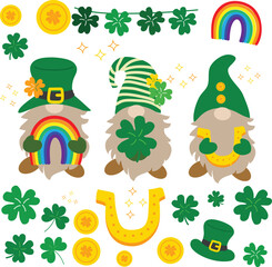 Clover leaf lucky Charms money with cute green gnomes hand drawn elements vector for invitation greeting birthday party celebration wedding card poster banner textiles wallpaper background