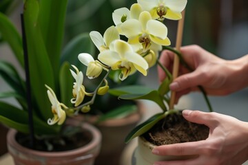 hands repotting an orchid into a larger container