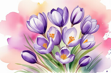 Bouquet of crocuses drawn with watercolor paints on a pink background