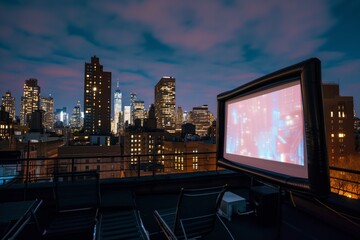 Fototapeta na wymiar rooftop movie night with projector screen and city lights behind