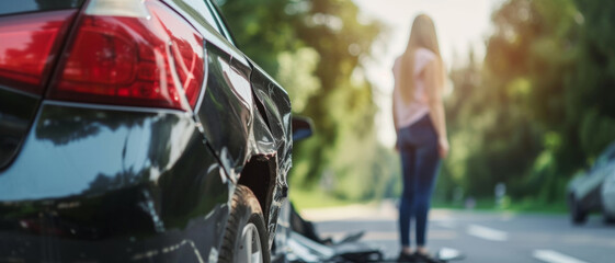 A car's crumpled rear after a collision, with a distressed woman standing ahead, blurred amidst sunlit trees - obrazy, fototapety, plakaty