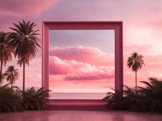 empty frame with empty background, pink style 2000s, around palm trees, pink clouds, 80s style purple and pink.