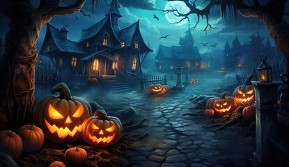 Fototapeta na wymiar Spooky Halloween Night with and Haunted House Generative AI