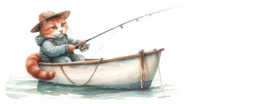 Red cat sitting in small boat, holding fishing rod. Kitten wearing blue coat, hat. Cat dreaming at fishing her dinner. Cute children illustration isolated on white. Copy space, card, banner.