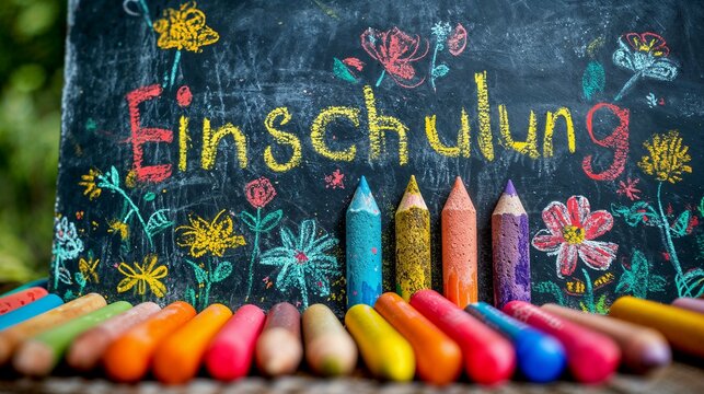 Bunte Kreide und Zeichnungen auf Tafel - Einschulung und Schulbeginn