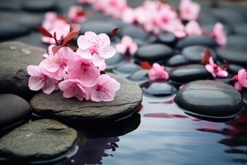 Fototapeta na wymiar Serenity in Bloom: Zen Stones with Spring Cherry Blossoms - Generative AI