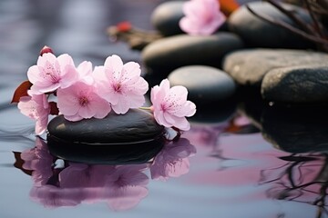 Obraz na płótnie Canvas Serenity in Bloom: Zen Stones with Spring Cherry Blossoms - Generative AI