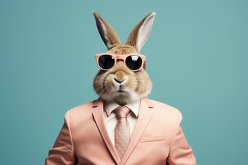 Stylish Bunny in Suit and Sunglasses - Generative AI - obrazy, fototapety, plakaty