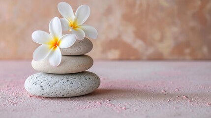 Fototapeta na wymiar Pebbles balancing, with flowers. Sea pebble. Colorful pebbles. For banner, wallpaper, meditation, yoga, spa, the concept of harmony, ba lance. Copy space for text