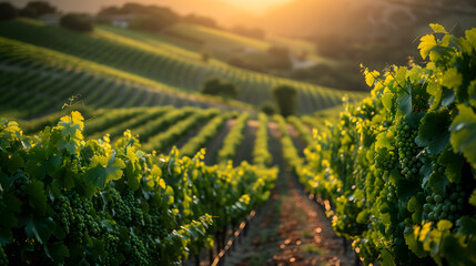 A photo of rolling vineyards, with lush green vines as the background, during grape harvest season