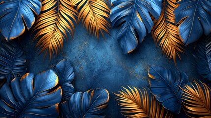 Abstract illustration of dark tropical large leaves, with gold lines, luxury elegant background. Tropical wallpaper