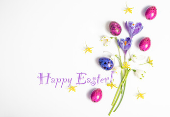 Text Happy Easter. Colorful easter eggs and flowers crocus isolated on a white background. Flat...