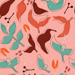 Seamless pattern with leaves, berries abstract pattern with dots and spots. Vector illustration.