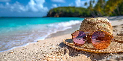 Straw hat with sunglasses on the seashore with sandy beach.