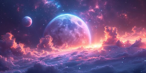 Obraz na płótnie Canvas Calm night sky: the full moon, stars and cosmic landscape create a magical and mysterious atmosphere.