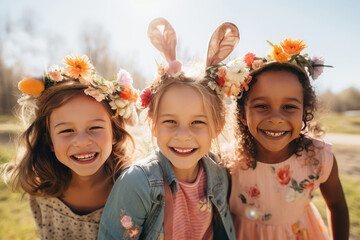 Happy cheerful multiracial children wearing bunny and flower hear decorations on a sunny spring day outdoors - obrazy, fototapety, plakaty