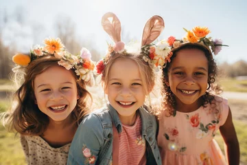 Foto op Canvas Happy cheerful multiracial children wearing bunny and flower hear decorations on a sunny spring day outdoors © Ekaterina Pokrovsky