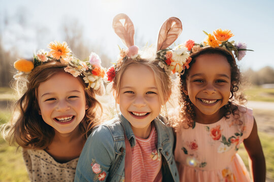 Naklejki Happy cheerful multiracial children wearing bunny and flower hear decorations on a sunny spring day outdoors