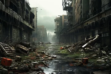 Fototapeten Post apocalyptic scene with abandoned city and factory technology © Constantine M