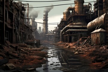 Post apocalyptic scene with abandoned city and factory technology - obrazy, fototapety, plakaty