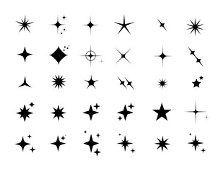 Star y2k icons, star shape vector set. Abstract y2k sparkles. Twinkling stars, abstract sparkle black silhouettes symbol shining burst. Vector - obrazy, fototapety, plakaty