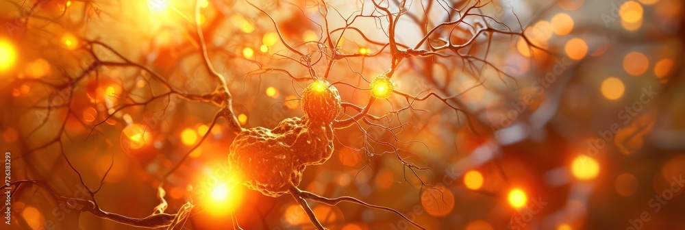 Poster neurons in warm light, neural activity and brain function in a vibrant, energetic depiction