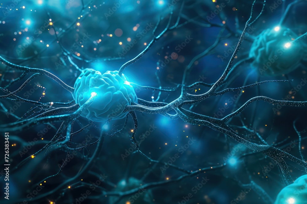 Aufkleber blue neural network nodes connecting around a central brain, highlighting synaptic activity