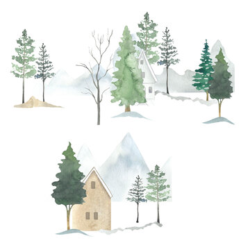 watercolor illustration of a winter landscape with a house and pine trees. Christmas picture painted in watercolors. New Year card