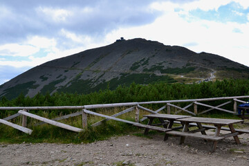 Sniezka, Karkonosze Mountains, Poland and Czech Republic border. The Polish disc-shaped meteo observatory on the Sniezka mountain top. View from Silesian House shelter