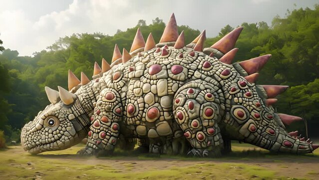 A land art installation with intricate patterns of stones forming an anatomically accurate Stegosaurus blending seamlessly with its surroundings.
