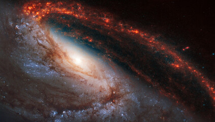 Panoramic spiral galaxy, NGC 3627. Bright orange, red, blue galactic long-range captured. Elements...