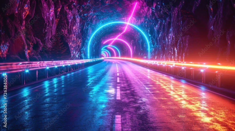 Poster abstract vibrant light tunnel with glowing lines and bokeh effect